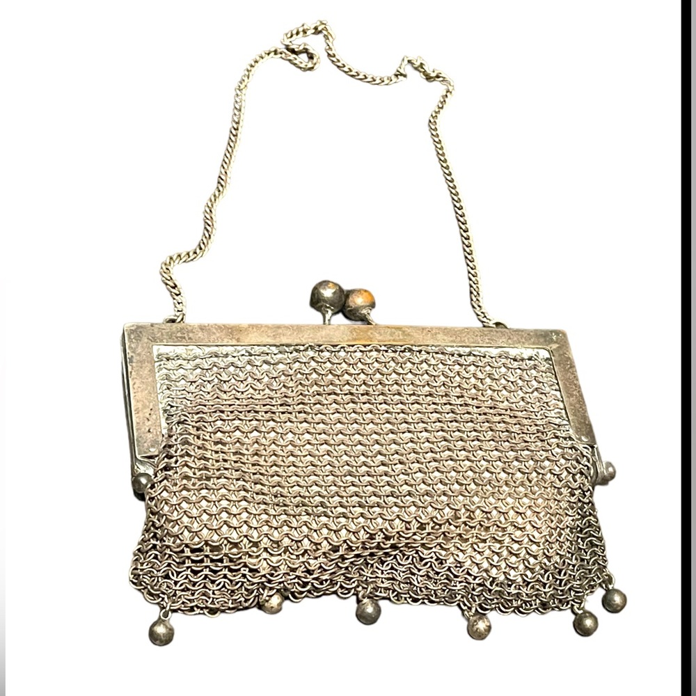 Antique Art Deco Flapper coin purse wristlet Silver metal mesh purse chainmail